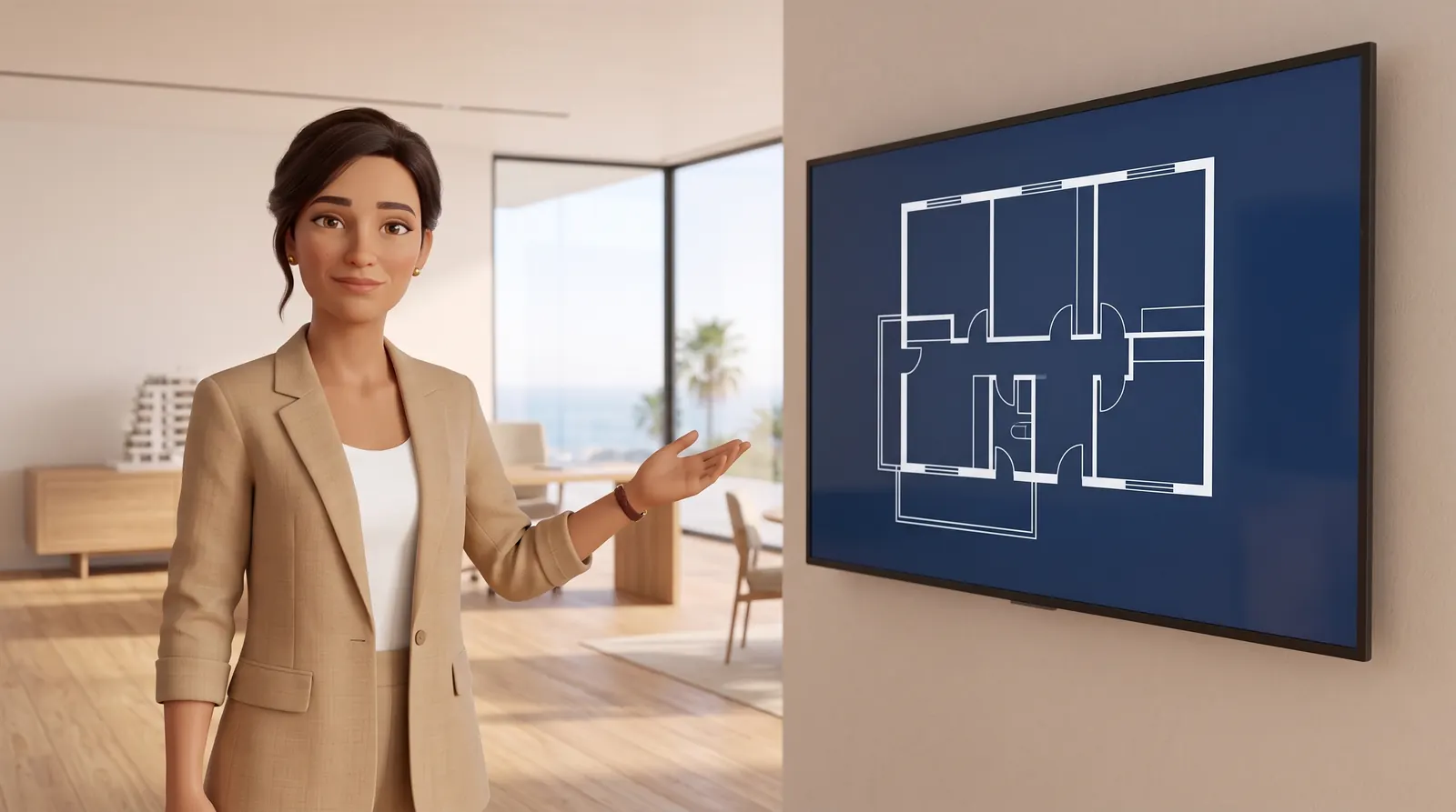 Vera points to a screen with a home's floor plan